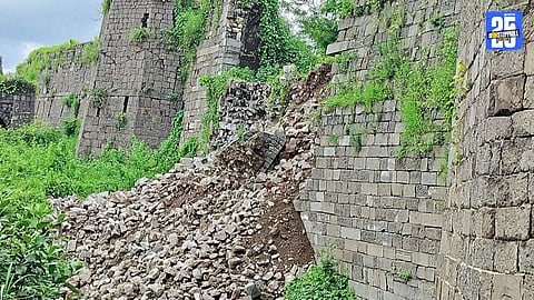 "Damaged rampart of historic Bhuikot Fort — raising alarm over heritage safety."