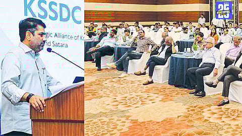 Satej Patil addressing the KSSDC conference in Kolhapur, highlighting development plans for Sangli, Satara, and Kolhapur.