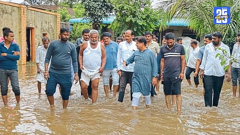 MLA Hemant Ogle addressing the need for official drought declaration amid heavy rain in Shrirampur-Rahuri.