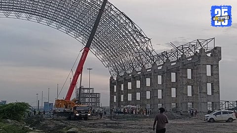 Rescue teams at Ennore thermal power plant site after a construction arch collapsed, killing 9 workers and injuring 10 others.