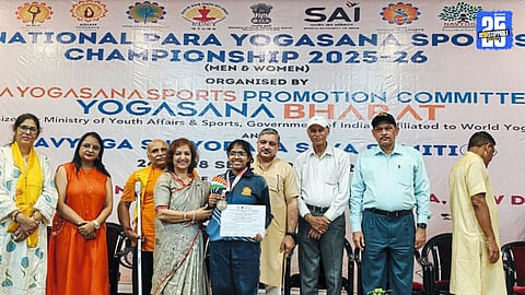 Diya Jasaud of Ahilyanagar celebrates after winning gold at the National Yoga Championship; Maharashtra team secures 17 medals.”
