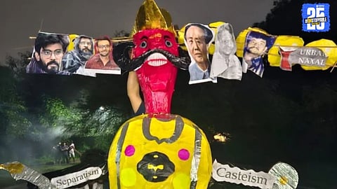 Students in JNU burn the effigy of Ravan with photos of Umar Khalid and Sharjeel Imam, sparking a major political controversy.