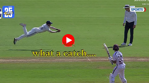 Nitish Reddy dives full-length to dismiss Chanderpaul off Siraj’s bowling in spectacular fashion.