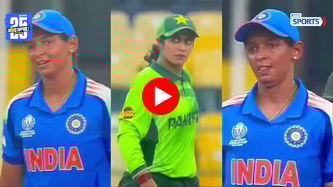Harmanpreet Kaur reacts after a Pakistan spinner gives her a death stare during the IND vs PAK Women’s World Cup match.
