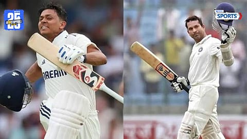Yashasvi Jaiswal celebrates his century in the 2nd Test against West Indies, equaling Sachin Tendulkar’s iconic record
