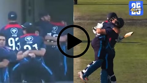 Namibia players celebrate after a dramatic last-ball boundary secured a historic T20 win over South Africa.