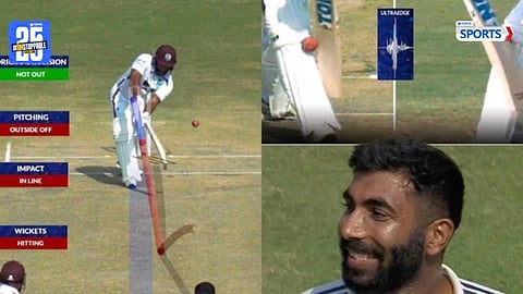 Jasprit Bumrah argues with the umpire after John Campbell survives a close LBW review