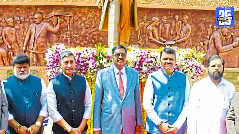 CM Devendra Fadnavis inspecting the site for Dr. Babasaheb Ambedkar’s upcoming world-class memorial at Ambde.