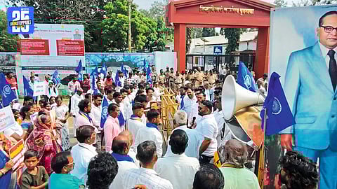Ambedkarite citizens march through Buldhana streets during Jan-Akrosh protest, condemning anti-constitutional incidents.