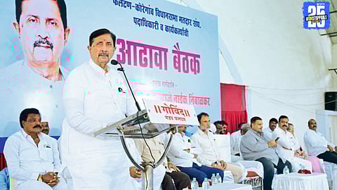 Ramraje Naik-Nimbalkar addressing workers in Satara; urges them to focus on the fight ahead, saying “Party can be decided later.”