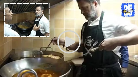 Rahul Gandhi seen preparing traditional sweets — Imarti and Besan Ladoo — at a Delhi sweet shop during Diwali celebrations, as the video trends online.