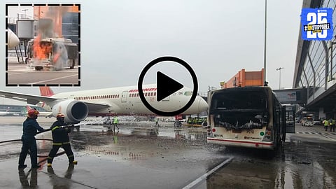 A dramatic scene at Delhi Airport as an Air India bus caught fire; timely action prevented a major accident.
