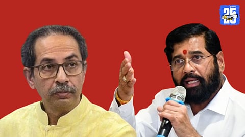 Maharashtra Deputy CM Eknath Shinde addressing media after responding to Uddhav Thackeray’s “Anaconda” remark during Shiv Sena’s political face-off in Mumbai.