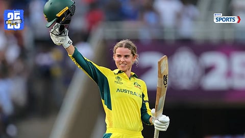 Phoebe Litchfield celebrates her record-breaking century against India in the ICC Women’s World Cup semi final
