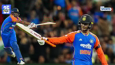 Abhishek Sharma and Harshit Rana during their crucial partnership against Australia in the 2nd T20I match.