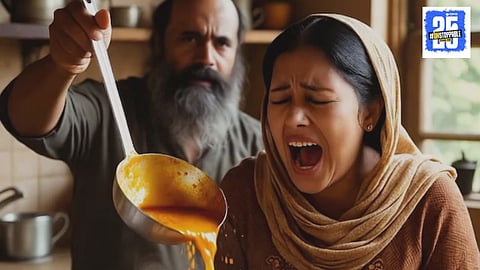 husband pours hot fish curry on wife