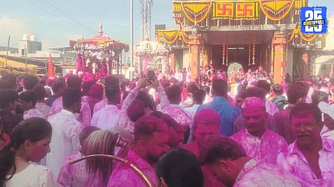 Devotees celebrate Rathotsav at Koparde Haveli with gulal, coconut offerings, and dazzling fireworks.”