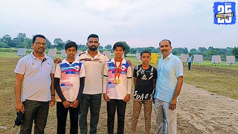 “Golden Girl Swara from Sanghvivek celebrates her state-level archery triumph in the under-14 category.”
