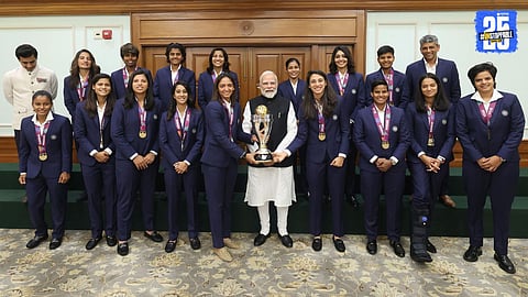Prime Minister Narendra Modi congratulates the Indian Women’s Cricket Team for their World Cup victory during a special meeting at his residence in New Delhi.