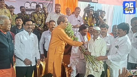Uddhav Thackeray addressing a gathering in Ghari, Barshi — criticizes government for ignoring farmers’ distress.
