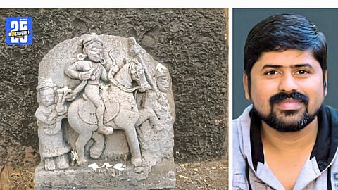 Historian Amar Salunkhe with the newly discovered stone sculpture of Chhatrapati Shahu at Velapur.