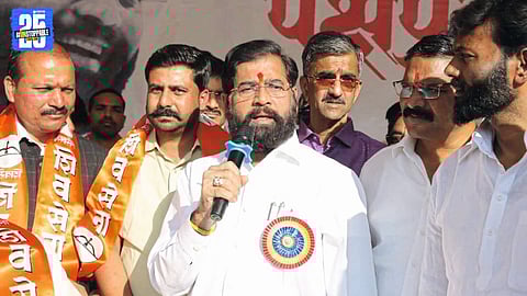 DyCM Eknath Shinde addressing the gathering, asserting that the saffron flag will soon fly over Mahabaleshwar Municipality.