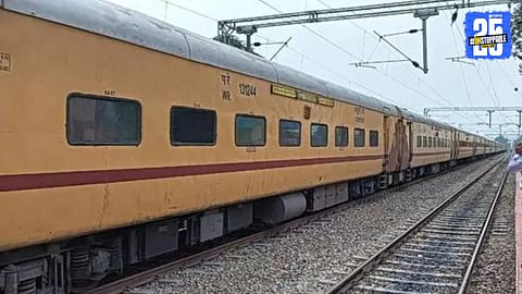 Security personnel conducting an intense search operation after a bomb threat on the Gorakhpur–Mumbai passenger train, causing panic among travelers.