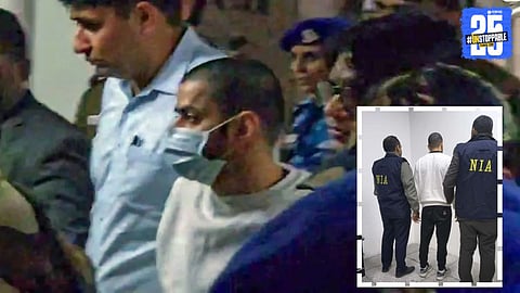 An image showing security officials escorting Anmol Bishnoi outside Patiala House Court after the NIA custody order.