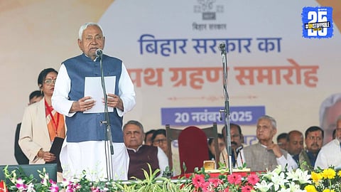 Nitish Kumar taking oath as Bihar Chief Minister at Gandhi Maidan in Patna in the presence of Prime Minister Narendra Modi and NDA leaders during the grand swearing-in ceremony.