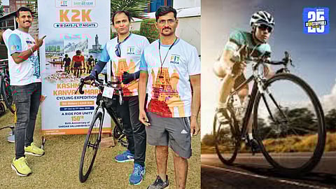 Four Solapur cyclists celebrate after completing the 4200 km K2K ride from Kashmir to Kanyakumari.