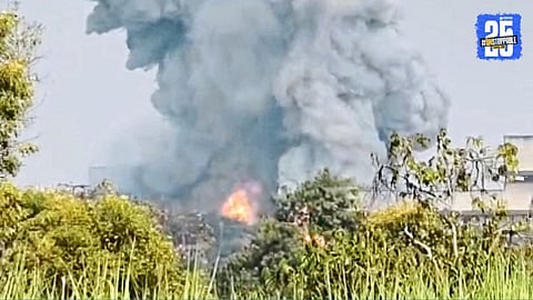 Flames engulf the Koregaon chemical plant as fire brigade teams battle the massive blaze that caused over ₹8 crore in damages.