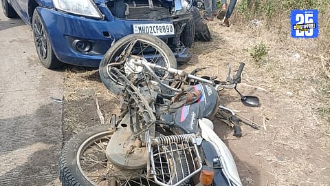 The mangled bike and damaged Swift car at Mugav Phata where a fatal collision claimed one youth’s life.