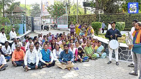 Republican Sena workers marching in Ahilyanagar with traditional instruments, demanding urgent inclusion in the housing scheme.