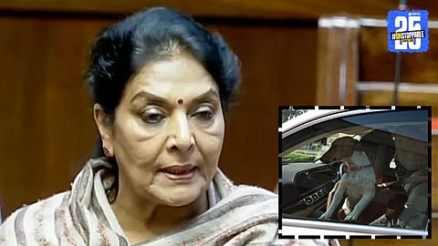 Congress MP Renuka Chowdhury arriving at Parliament with her pet dog