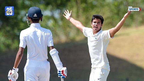 Arjun Tendulkar celebrates after taking 3 wickets and smashing a 160-strike-rate cameo