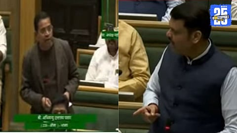 CM Devendra Fadnavis reacting sharply to MLA Abhimanyu Pawar in the Nagpur Winter Session over repeated references to the Ladki Bahin scheme.