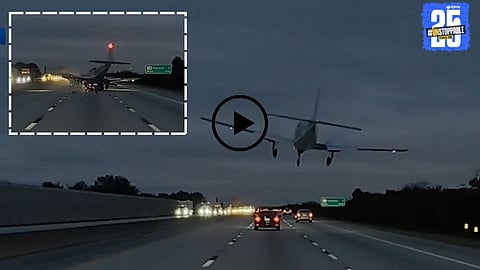 A shocking plane crash scene where an aircraft unexpectedly landed on a moving car on a busy highway, causing chaos and emergency response action.