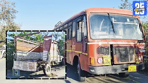 Damaged pickup vehicle and bus at the accident site where cotton farm workers were struck during early morning harvest travel.