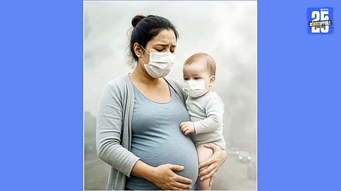pregnant woman child with mask