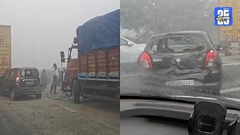 VIDEO : दाट धुक्यानं घात केला, ट्रक अचानक थांबला अन् मागून १२ गाड्या एकमेकांवर आदळल्या; महामार्गावर वाहतूक कोंडी 