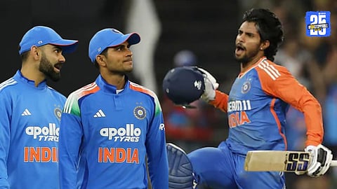Indian cricketer Tilak Varma celebrating a historic T20 milestone surpassing Virat Kohli and Shubman Gill.