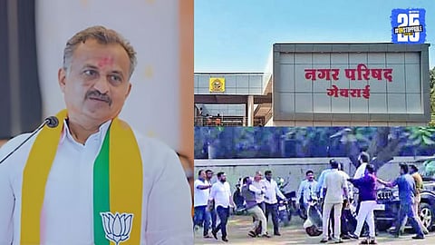 Police action underway following the midnight arrest of BJP leader Balraje Pawar in Gevarai after a dispute during municipal election voting.