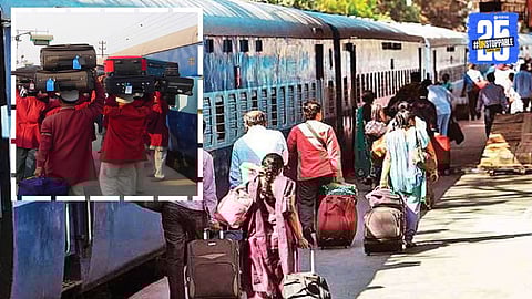 Passengers carrying luggage at a railway station as Indian Railways implements airline-style baggage rules for train travel.