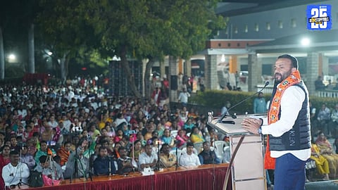 Minister Jaykumar Gore addressing the media during a political interaction in Phaltan.