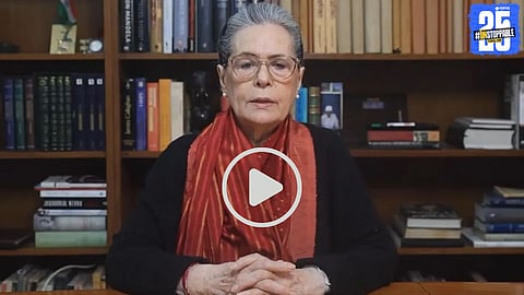 Sonia Gandhi delivering a video message addressing the controversy surrounding the MGNREGA name change and its impact on rural employment schemes.