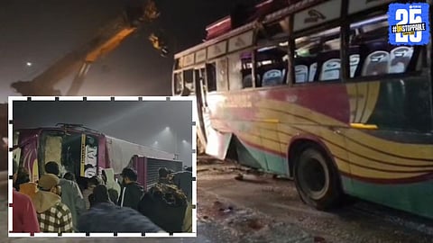 A damaged school Picnic  bus seen overturned at the accident site in Jammu, where students were injured while returning home from a school trip.