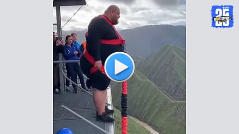 bungee jumper mid-air, highlighting the risks of cord failure in extreme sports like the recent Rishikesh incident and viral AI fake videos