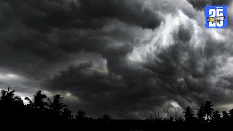 Dark clouds and rainfall visuals represent the rain alert across five Indian states, while foggy conditions indicate intensifying cold wave during New Year’s Eve.