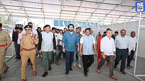 Shivendrasinhraje Bhosale inspecting the conference venue and reviewing preparations with officials.