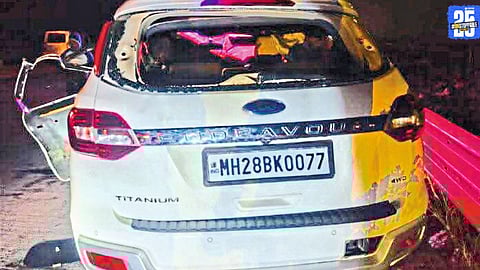 Damaged car after a severe collision with a truck involving MoS Prataprao Jadhav’s convoy.